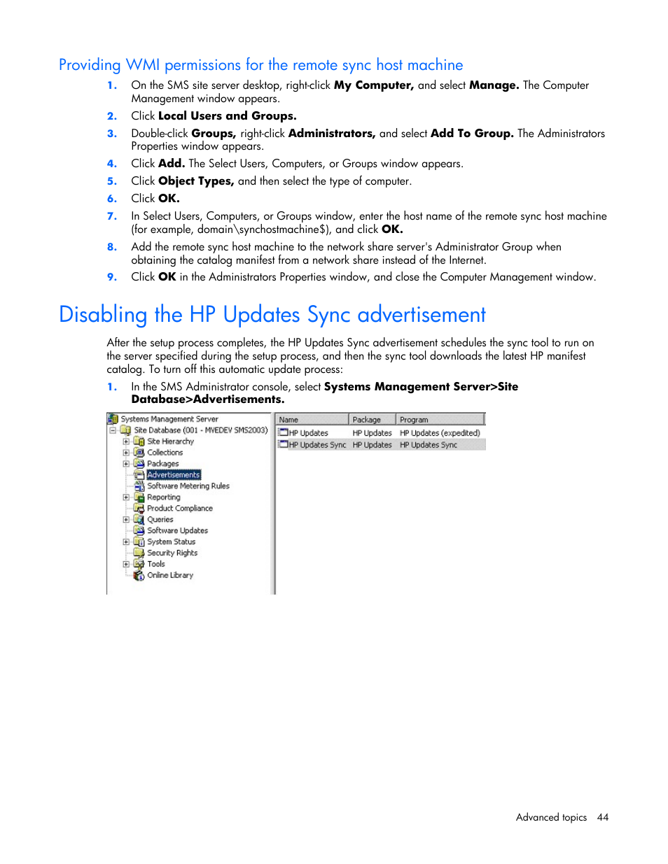 Disabling the hp updates sync advertisement | HP Integrity rx4640 Server User Manual | Page 44 / 77