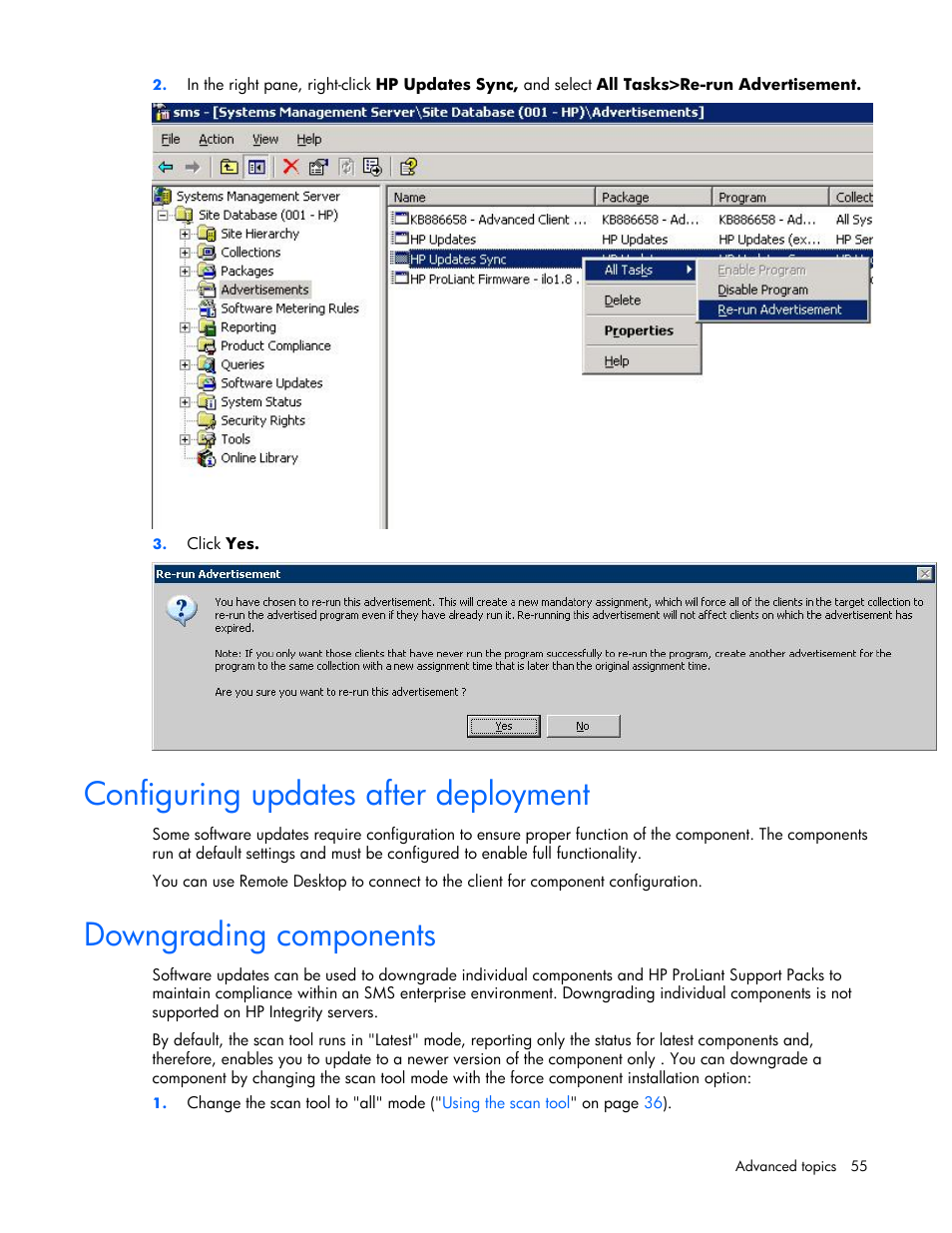 Configuring updates after deployment, Downgrading components | HP Integrity rx4640 Server User Manual | Page 55 / 77