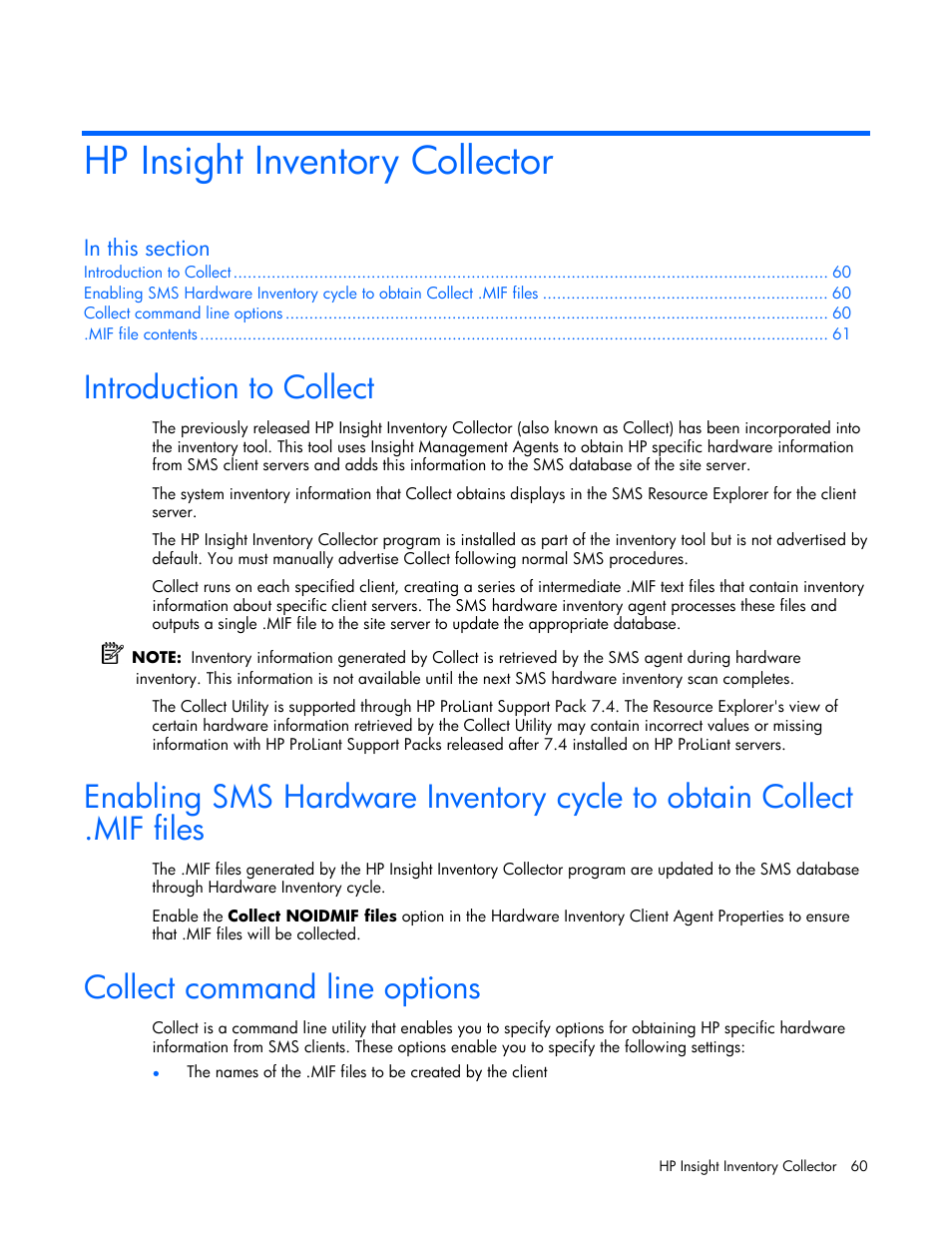 Hp insight inventory collector, Introduction to collect, Collect command line options | HP Integrity rx4640 Server User Manual | Page 60 / 77