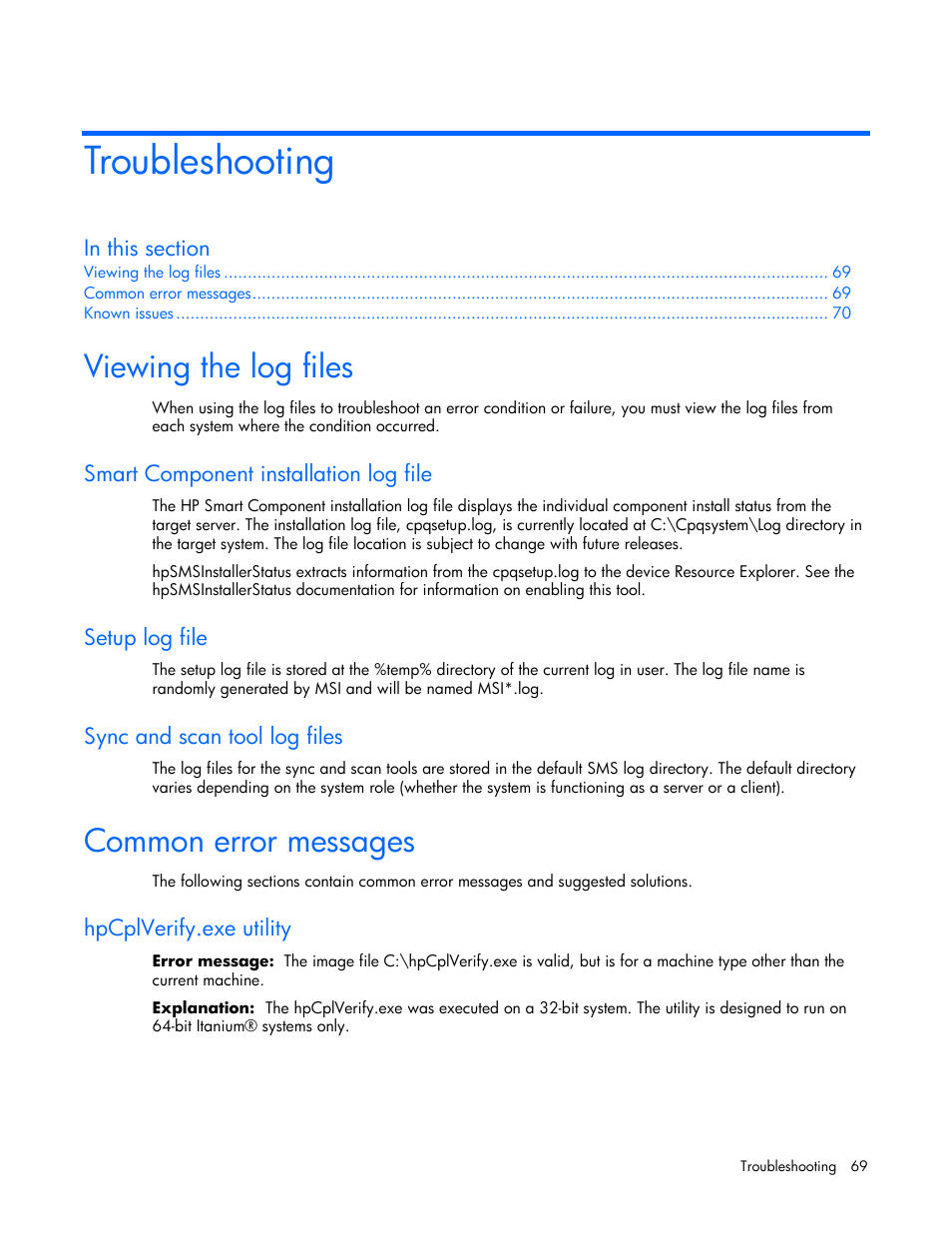 Troubleshooting, Viewing the log files, Common error messages | Smart component installation log file, Setup log file, Sync and scan tool log files, Hpcplverify.exe utility | HP Integrity rx4640 Server User Manual | Page 69 / 77