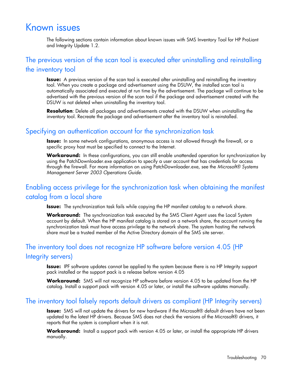 Known issues | HP Integrity rx4640 Server User Manual | Page 70 / 77