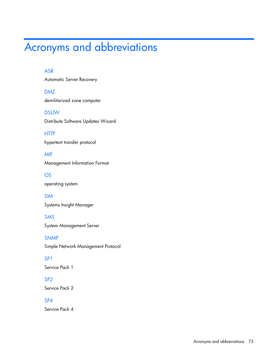 Acronyms and abbreviations | HP Integrity rx4640 Server User Manual | Page 73 / 77