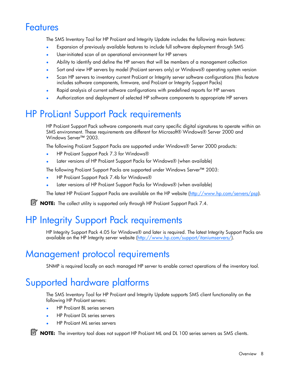 Features, Hp proliant support pack requirements, Hp integrity support pack requirements | Management protocol requirements, Supported hardware platforms | HP Integrity rx4640 Server User Manual | Page 8 / 77