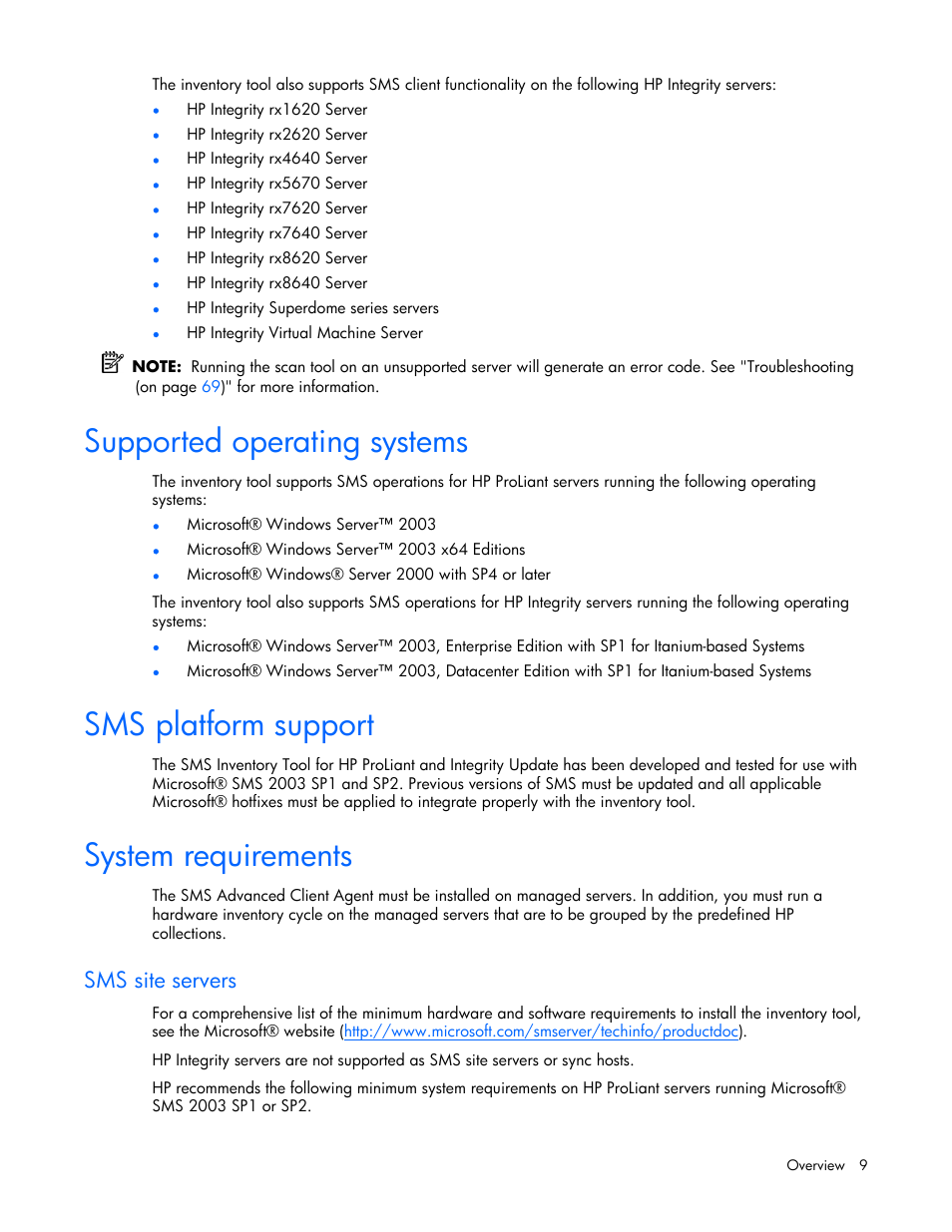 Supported operating systems, Sms platform support, System requirements | Sms site servers | HP Integrity rx4640 Server User Manual | Page 9 / 77