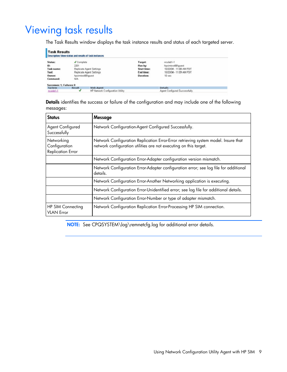 Viewing task results | HP NC3131 Fast Ethernet Server Adapter User Manual | Page 9 / 11