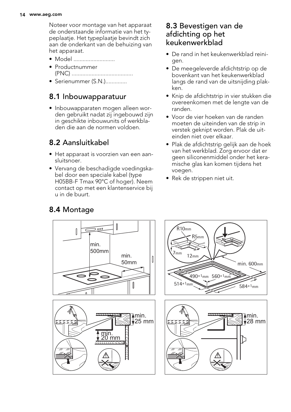 1 inbouwapparatuur, 2 aansluitkabel, 4 montage | AEG HK654070IB User Manual | Page 14 / 64