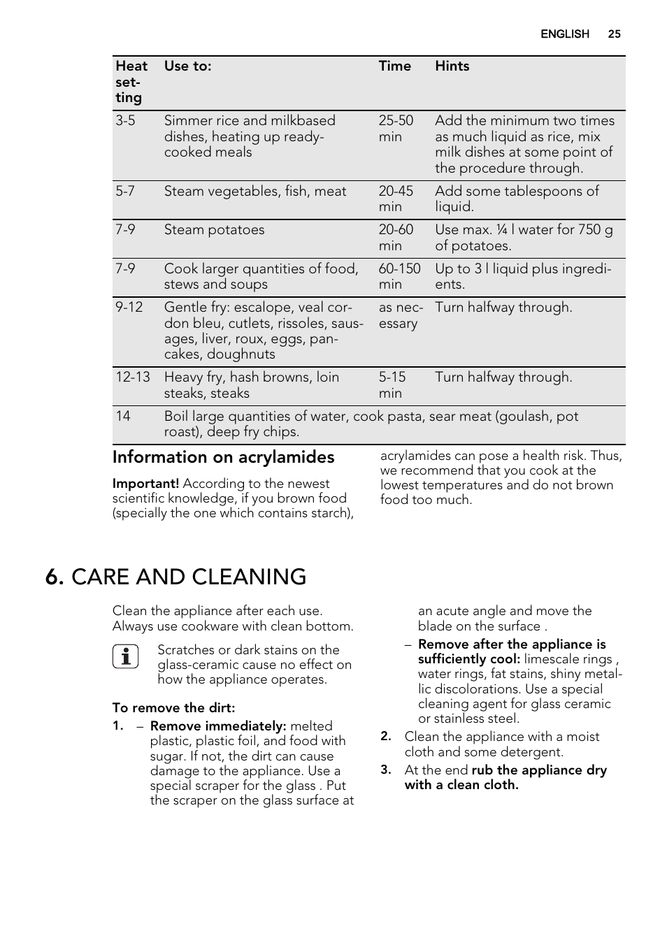 Care and cleaning, Information on acrylamides | AEG HK654070IB User Manual | Page 25 / 64