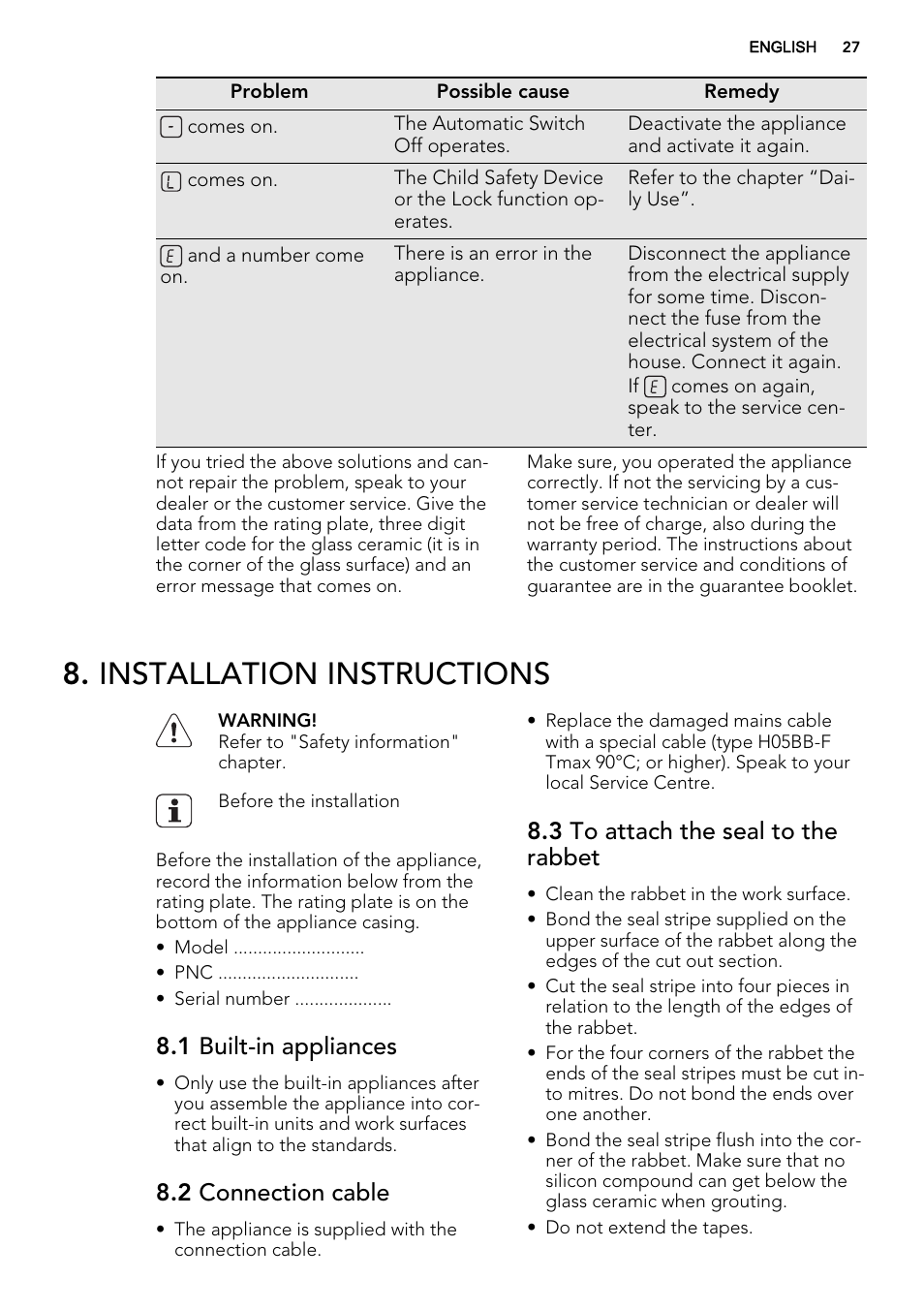 Installation instructions, 1 built-in appliances, 2 connection cable | 3 to attach the seal to the rabbet | AEG HK654070IB User Manual | Page 27 / 64