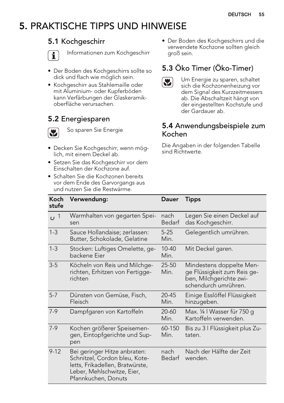 Praktische tipps und hinweise, 1 kochgeschirr, 2 energiesparen | 3 öko timer (öko-timer), 4 anwendungsbeispiele zum kochen | AEG HK654070IB User Manual | Page 55 / 64
