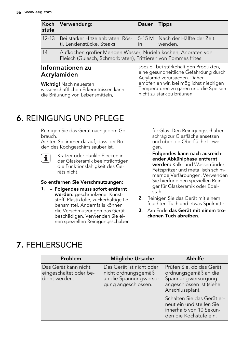 Reinigung und pflege, Fehlersuche, Informationen zu acrylamiden | AEG HK654070IB User Manual | Page 56 / 64