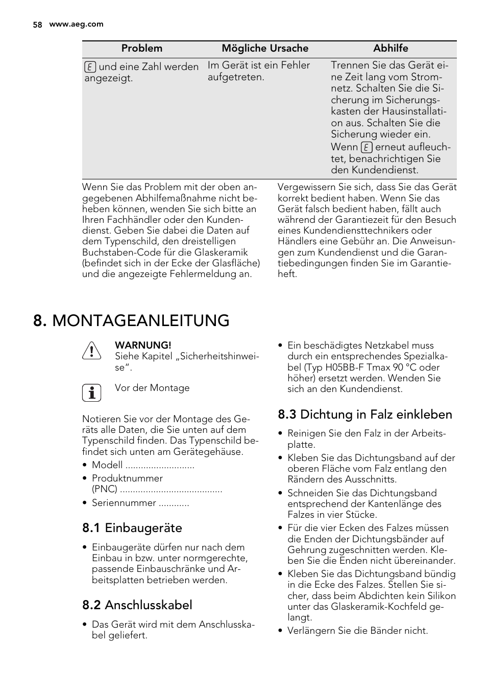 Montageanleitung, 1 einbaugeräte, 2 anschlusskabel | 3 dichtung in falz einkleben | AEG HK654070IB User Manual | Page 58 / 64