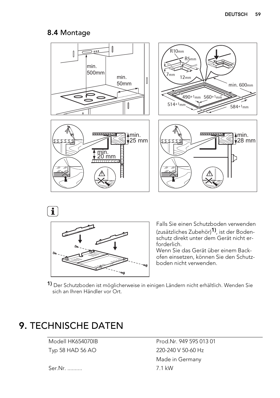 Technische daten, 4 montage | AEG HK654070IB User Manual | Page 59 / 64