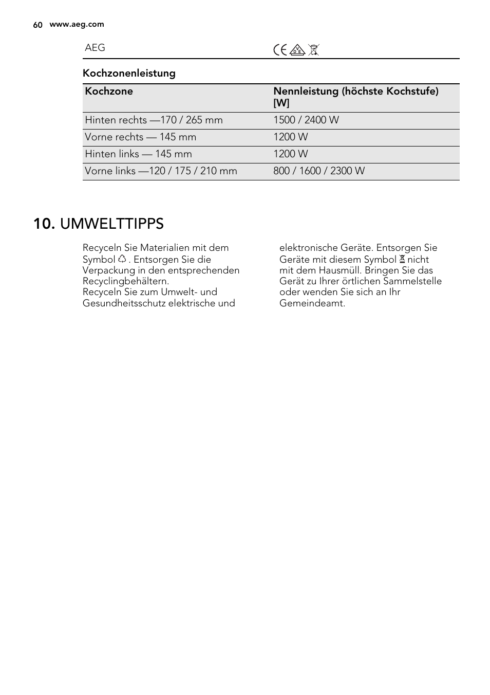 Umwelttipps | AEG HK654070IB User Manual | Page 60 / 64