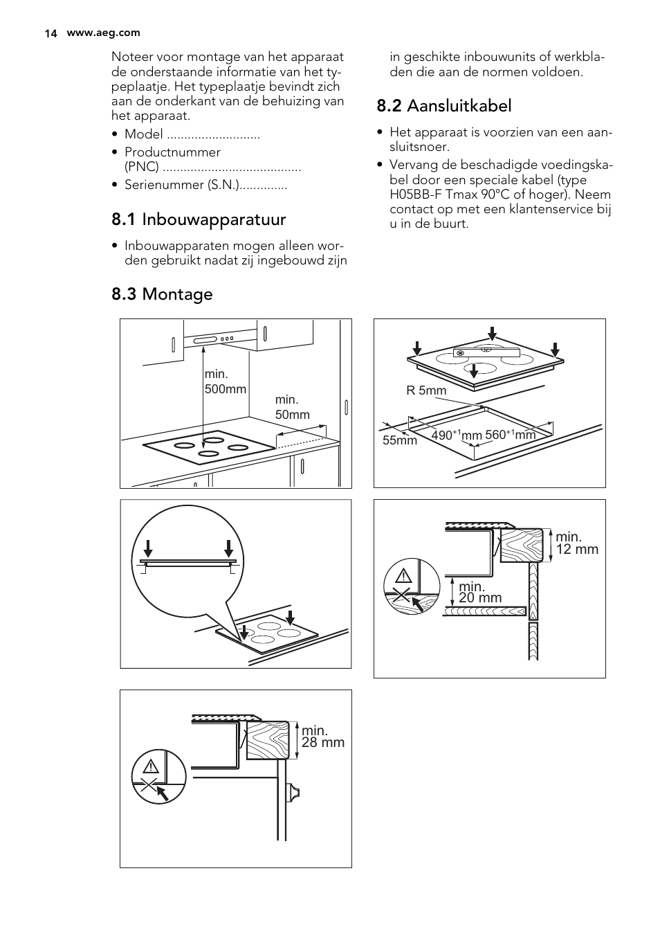 1 inbouwapparatuur, 2 aansluitkabel, 3 montage | AEG HK654070FB User Manual | Page 14 / 76