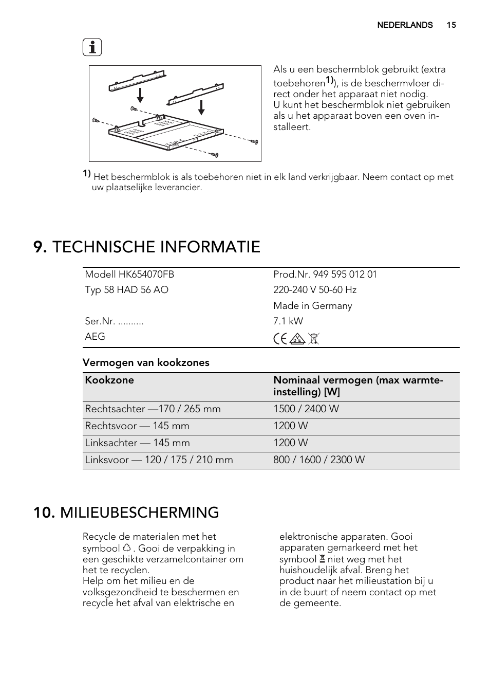 Technische informatie, Milieubescherming | AEG HK654070FB User Manual | Page 15 / 76
