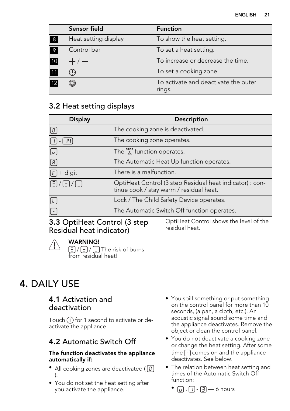 Daily use, 2 heat setting displays, 1 activation and deactivation | 2 automatic switch off | AEG HK654070FB User Manual | Page 21 / 76