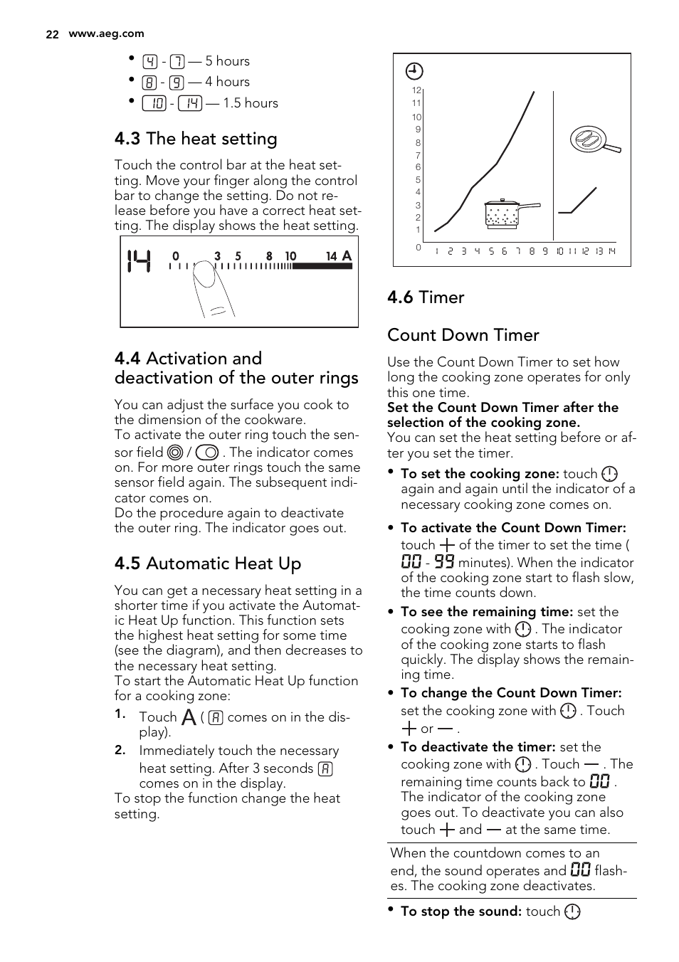 3 the heat setting, 4 activation and deactivation of the outer rings, 5 automatic heat up | 6 timer count down timer | AEG HK654070FB User Manual | Page 22 / 76