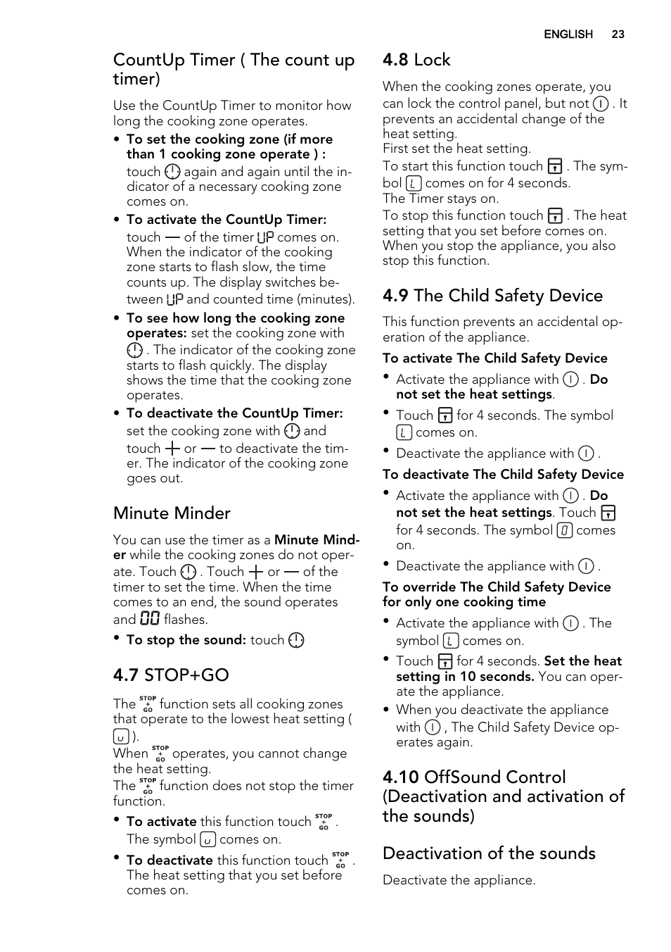 Countup timer ( the count up timer), Minute minder, 7 stop+go | 8 lock, 9 the child safety device | AEG HK654070FB User Manual | Page 23 / 76