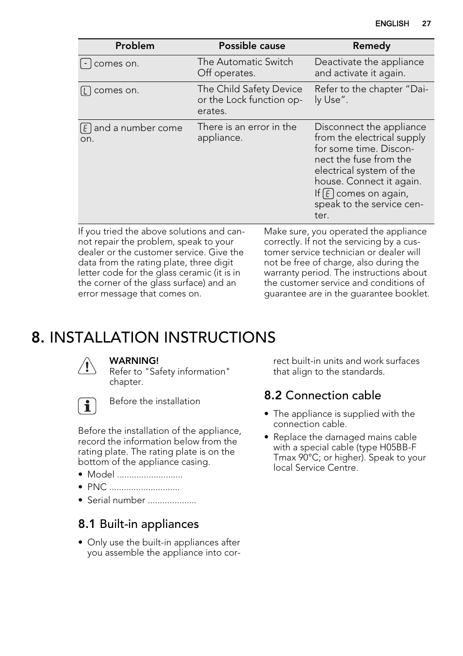 Installation instructions, 1 built-in appliances, 2 connection cable | AEG HK654070FB User Manual | Page 27 / 76