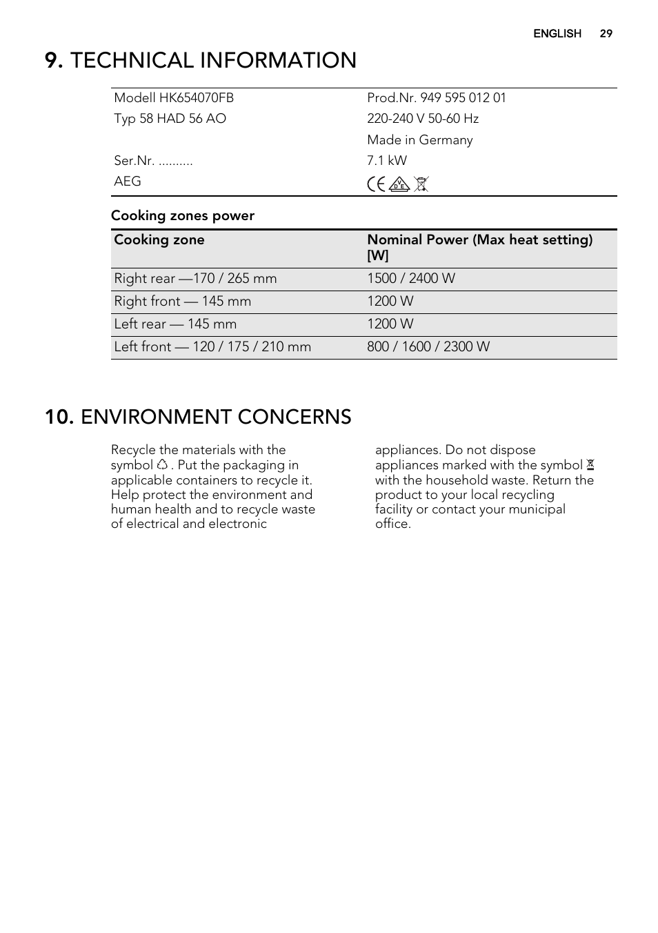 Technical information, Environment concerns | AEG HK654070FB User Manual | Page 29 / 76
