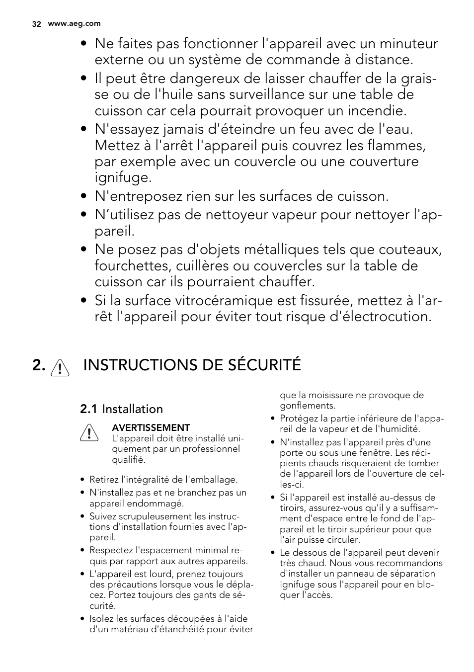 Instructions de sécurité | AEG HK654070FB User Manual | Page 32 / 76