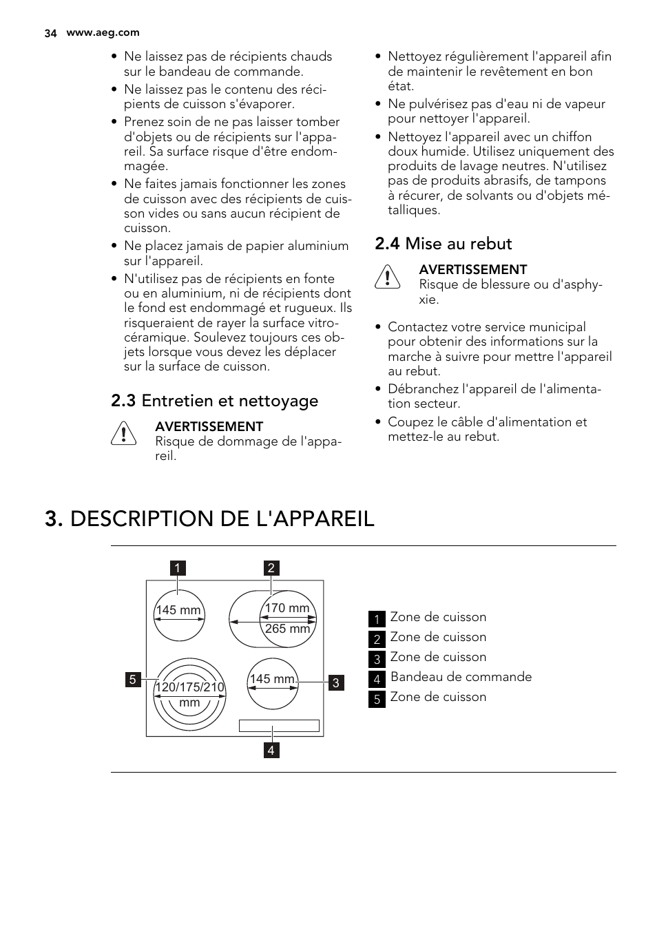 Description de l'appareil, 3 entretien et nettoyage, 4 mise au rebut | AEG HK654070FB User Manual | Page 34 / 76