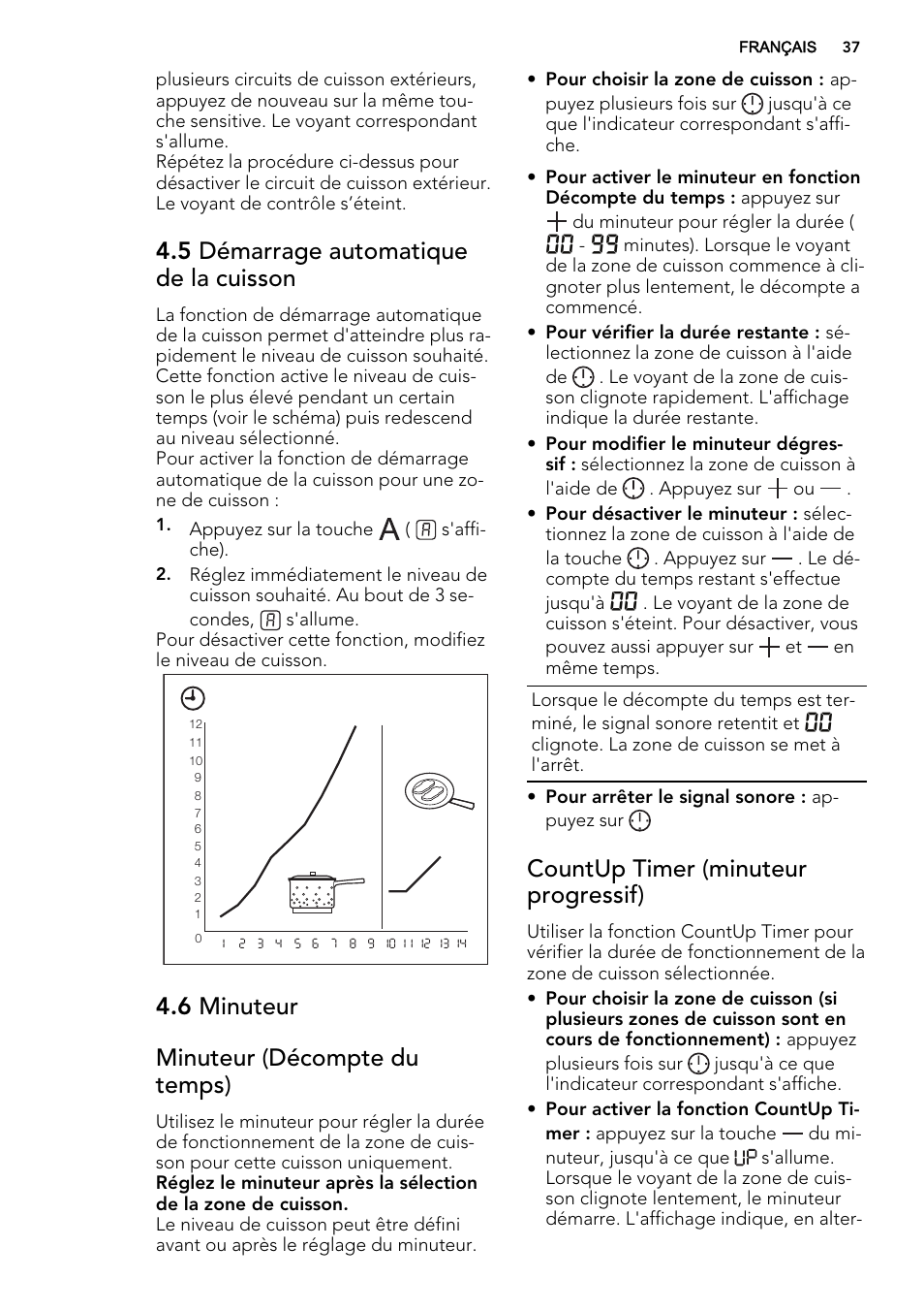 5 démarrage automatique de la cuisson, 6 minuteur minuteur (décompte du temps), Countup timer (minuteur progressif) | AEG HK654070FB User Manual | Page 37 / 76