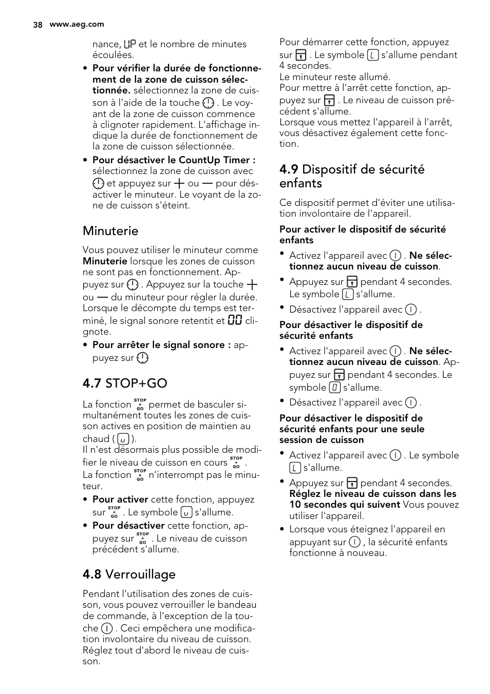 Minuterie, 7 stop+go, 8 verrouillage | 9 dispositif de sécurité enfants | AEG HK654070FB User Manual | Page 38 / 76