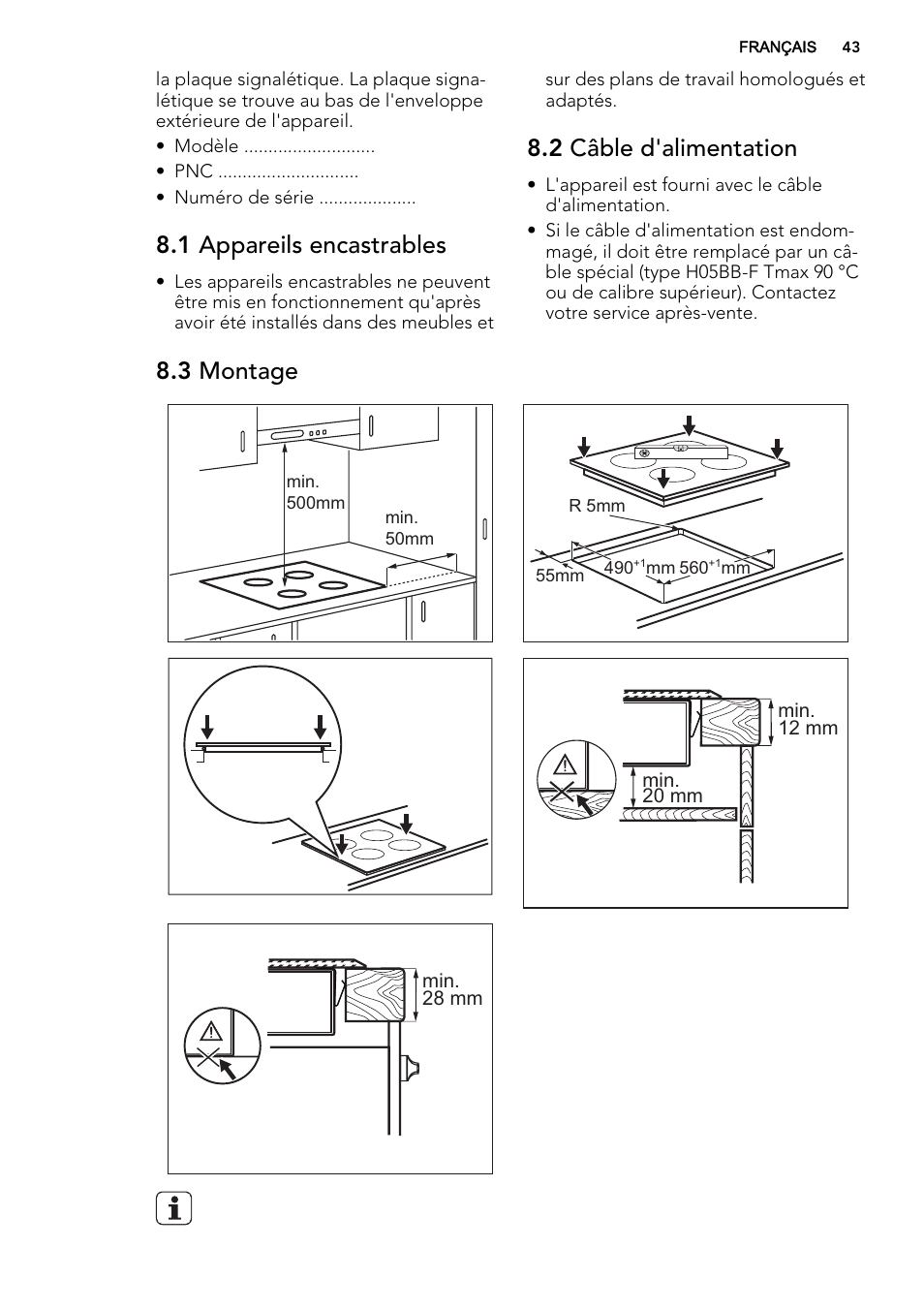 1 appareils encastrables, 2 câble d'alimentation, 3 montage | AEG HK654070FB User Manual | Page 43 / 76
