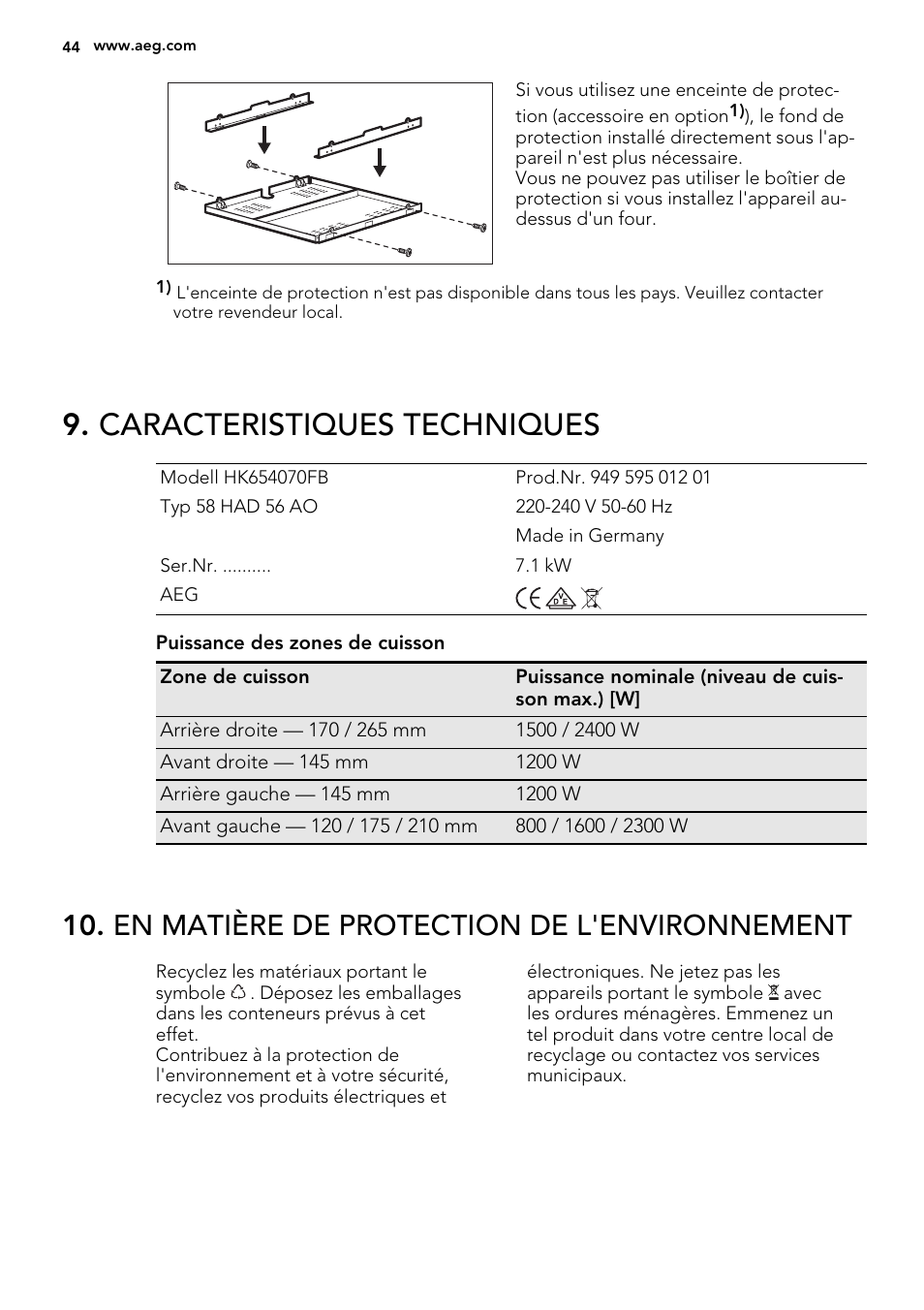 Caracteristiques techniques, En matière de protection de l'environnement | AEG HK654070FB User Manual | Page 44 / 76