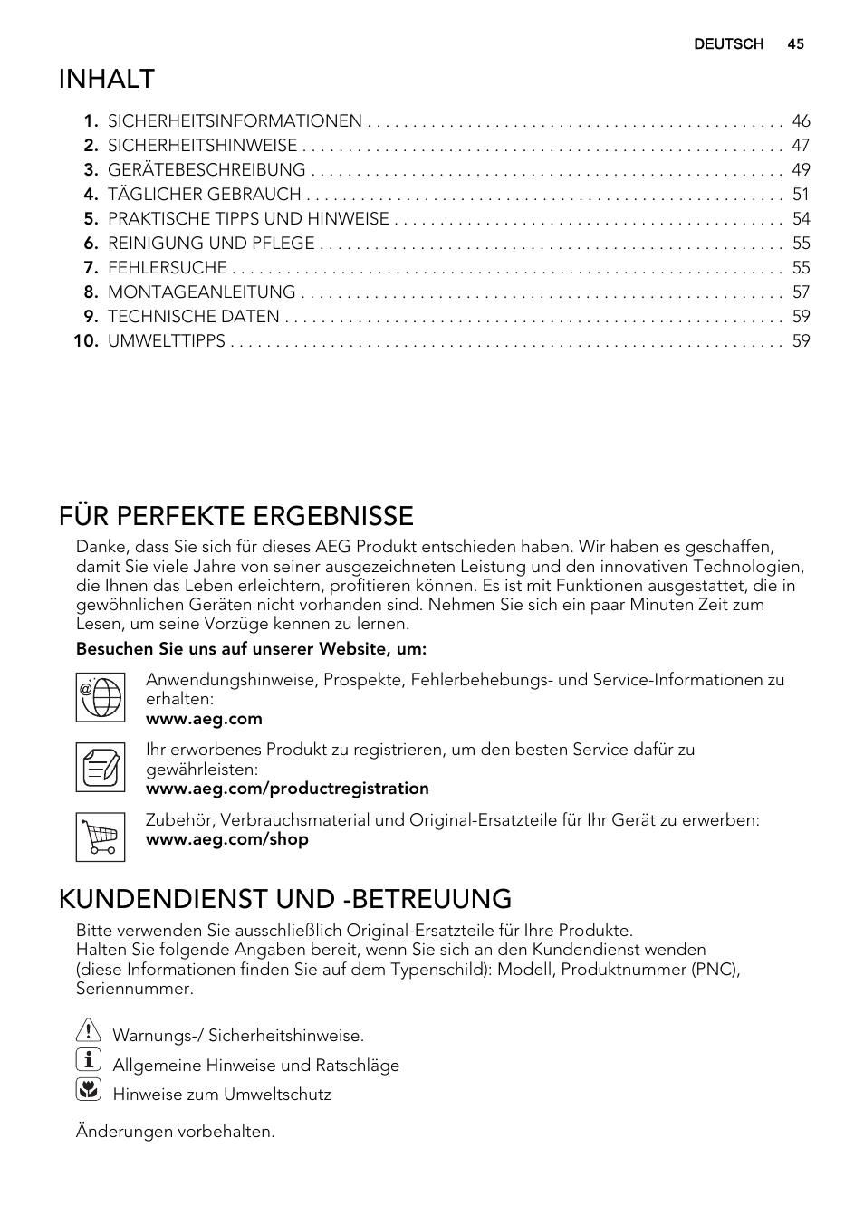 Inhalt, Für perfekte ergebnisse, Kundendienst und -betreuung | AEG HK654070FB User Manual | Page 45 / 76