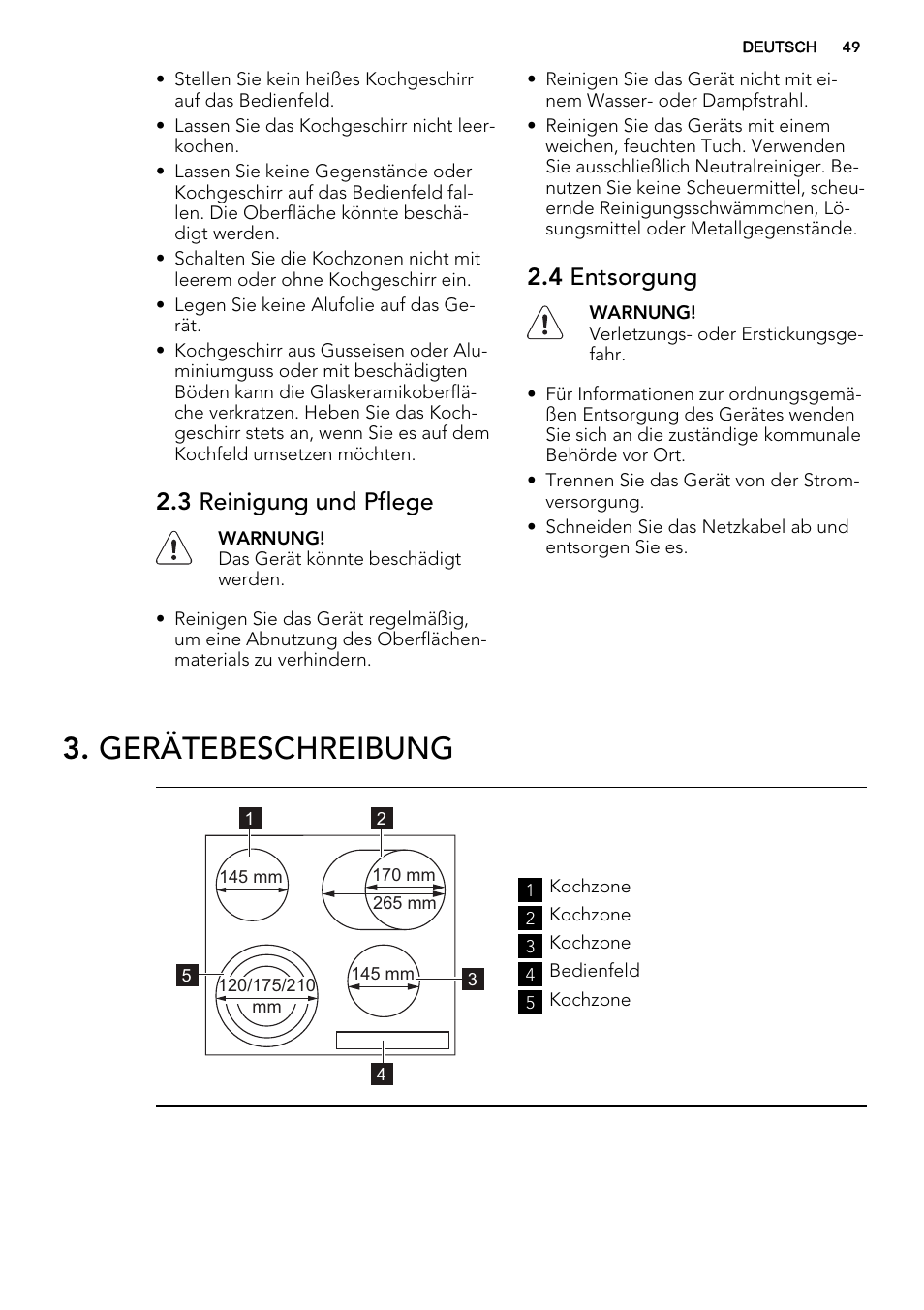 Gerätebeschreibung, 3 reinigung und pflege, 4 entsorgung | AEG HK654070FB User Manual | Page 49 / 76