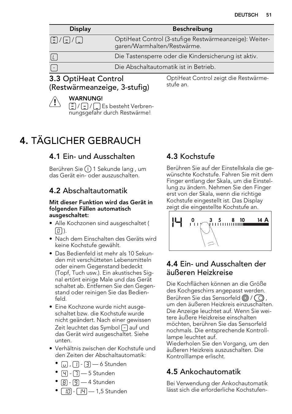 Täglicher gebrauch, 3 optiheat control (restwärmeanzeige, 3-stufig), 1 ein- und ausschalten | 2 abschaltautomatik, 3 kochstufe, 4 ein- und ausschalten der äußeren heizkreise, 5 ankochautomatik | AEG HK654070FB User Manual | Page 51 / 76