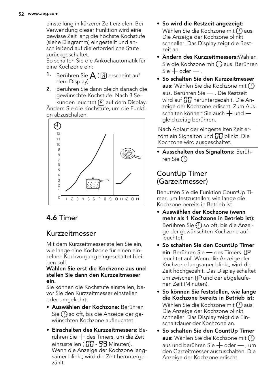 6 timer kurzzeitmesser, Countup timer (garzeitmesser) | AEG HK654070FB User Manual | Page 52 / 76