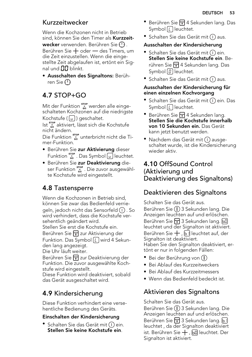 Kurzzeitwecker, 7 stop+go, 8 tastensperre | 9 kindersicherung, Aktivieren des signaltons | AEG HK654070FB User Manual | Page 53 / 76