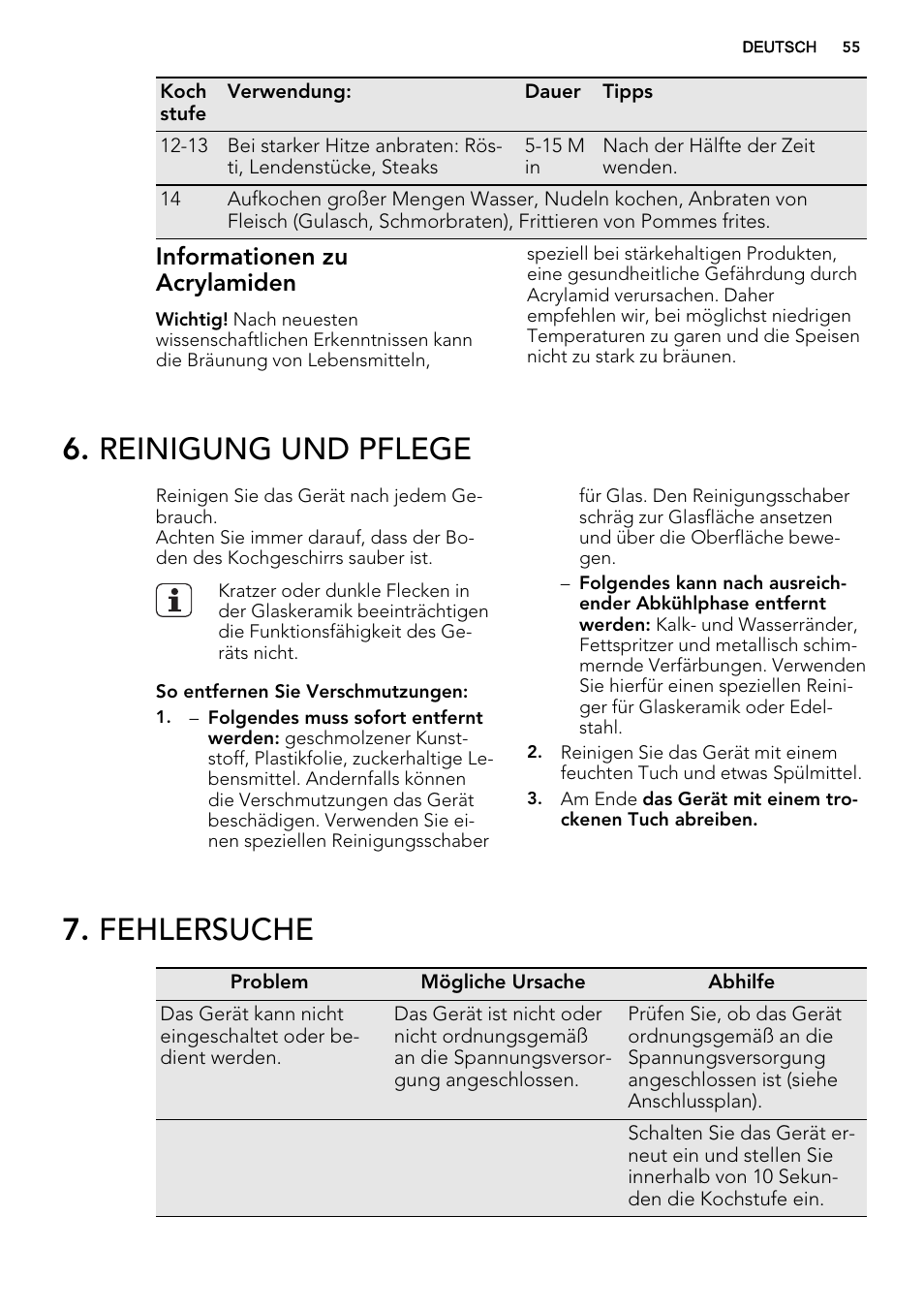 Reinigung und pflege, Fehlersuche, Informationen zu acrylamiden | AEG HK654070FB User Manual | Page 55 / 76