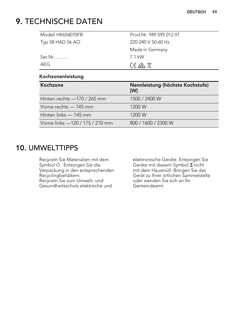 Technische daten, Umwelttipps | AEG HK654070FB User Manual | Page 59 / 76