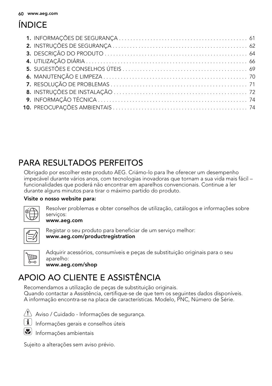 Índice, Para resultados perfeitos, Apoio ao cliente e assistência | AEG HK654070FB User Manual | Page 60 / 76