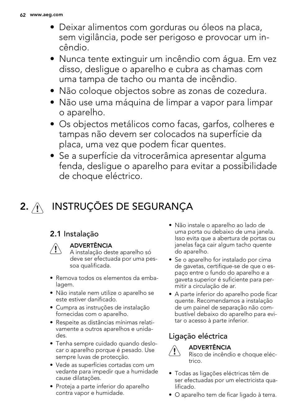 Instruções de segurança | AEG HK654070FB User Manual | Page 62 / 76