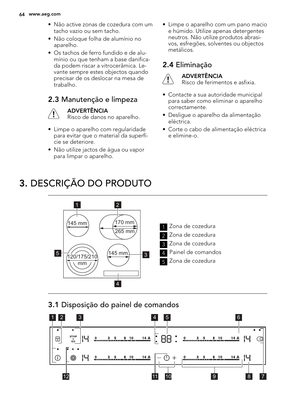 Descrição do produto, 3 manutenção e limpeza, 4 eliminação | 1 disposição do painel de comandos | AEG HK654070FB User Manual | Page 64 / 76