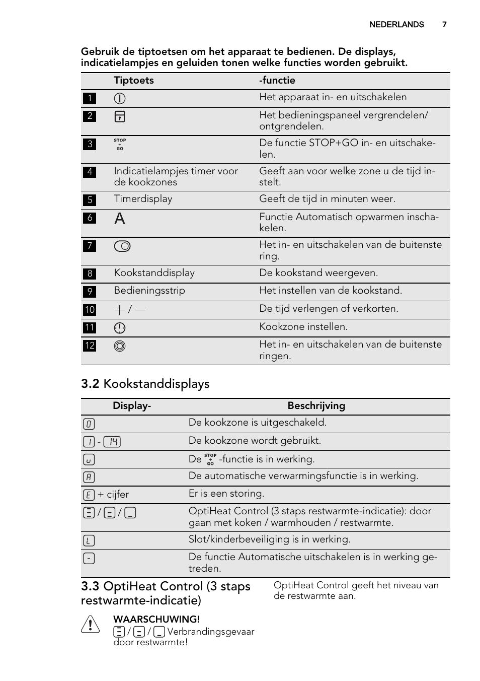 2 kookstanddisplays, 3 optiheat control (3 staps restwarmte-indicatie) | AEG HK654070FB User Manual | Page 7 / 76