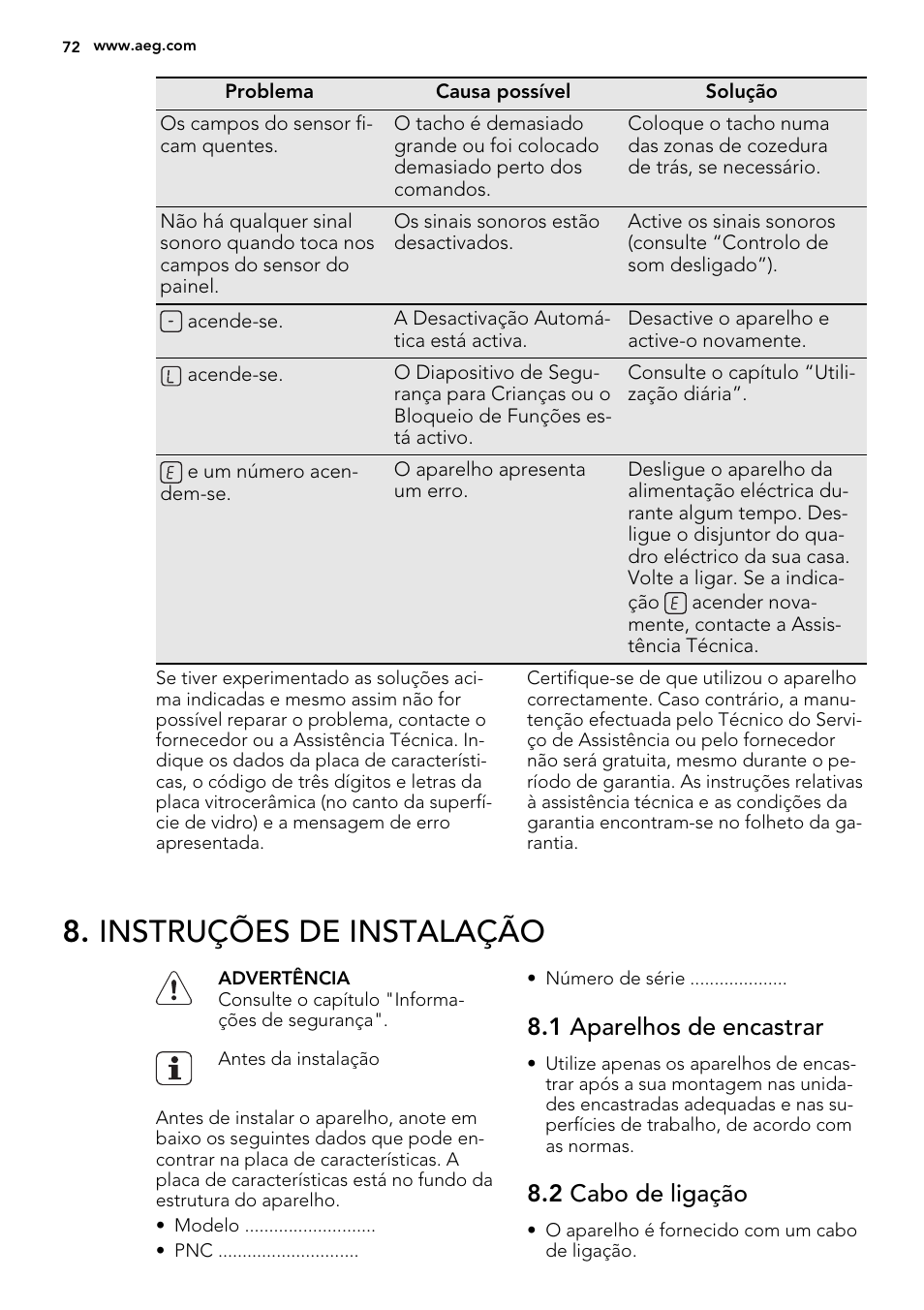 Instruções de instalação, 1 aparelhos de encastrar, 2 cabo de ligação | AEG HK654070FB User Manual | Page 72 / 76