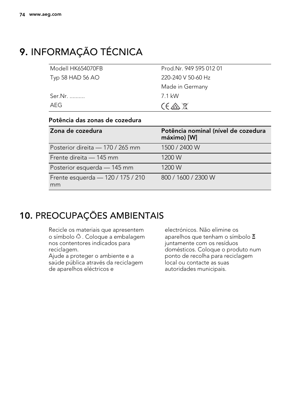 Informação técnica, Preocupações ambientais | AEG HK654070FB User Manual | Page 74 / 76