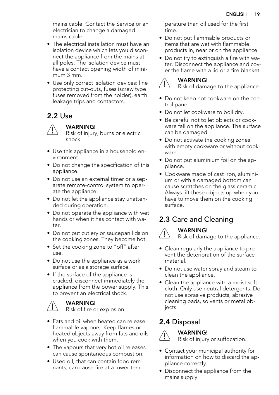 2 use, 3 care and cleaning, 4 disposal | AEG HK634060XB User Manual | Page 19 / 72