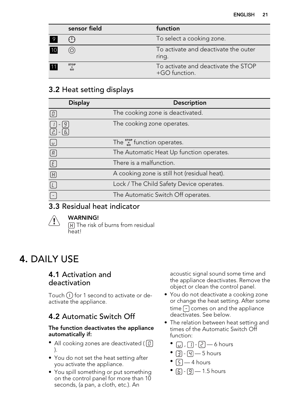 Daily use, 2 heat setting displays, 3 residual heat indicator | 1 activation and deactivation, 2 automatic switch off | AEG HK634060XB User Manual | Page 21 / 72