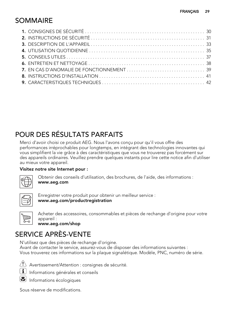 Sommaire, Pour des résultats parfaits, Service après-vente | AEG HK634060XB User Manual | Page 29 / 72