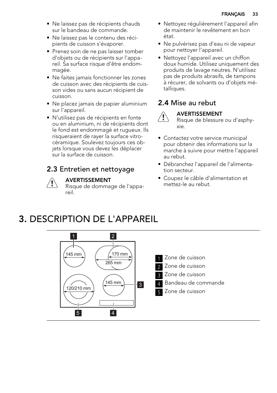 Description de l'appareil, 3 entretien et nettoyage, 4 mise au rebut | AEG HK634060XB User Manual | Page 33 / 72