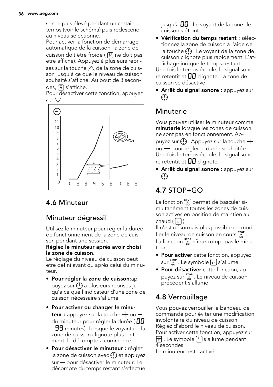 6 minuteur minuteur dégressif, Minuterie, 7 stop+go | 8 verrouillage | AEG HK634060XB User Manual | Page 36 / 72