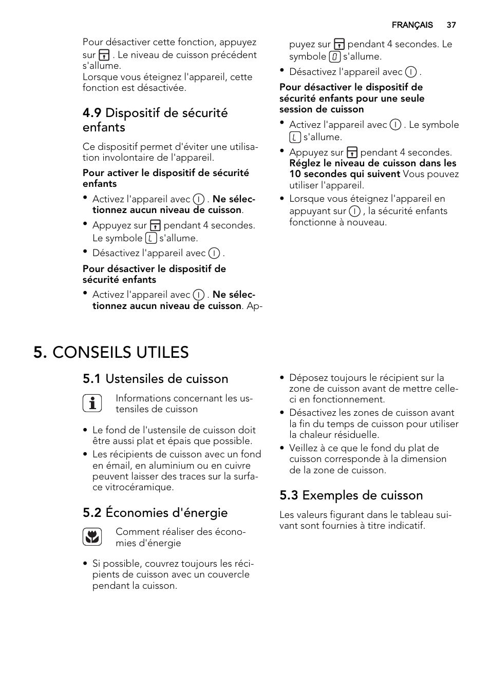 Conseils utiles, 9 dispositif de sécurité enfants, 1 ustensiles de cuisson | 2 économies d'énergie, 3 exemples de cuisson | AEG HK634060XB User Manual | Page 37 / 72