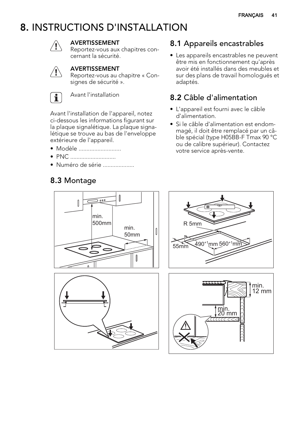Instructions d'installation, 1 appareils encastrables, 2 câble d'alimentation | 3 montage | AEG HK634060XB User Manual | Page 41 / 72